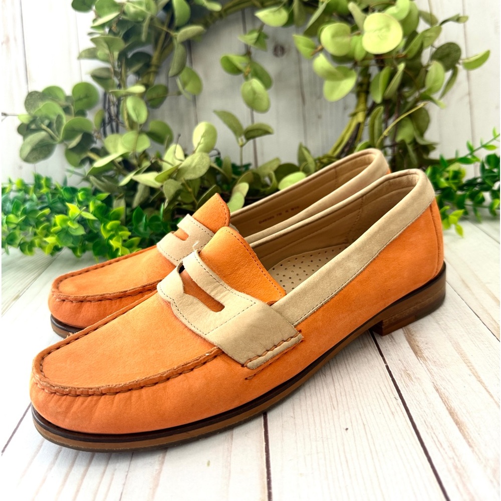 Cole Haan Women’s Penny Loafers Orange & Tan Nubuck Leather Size 7B